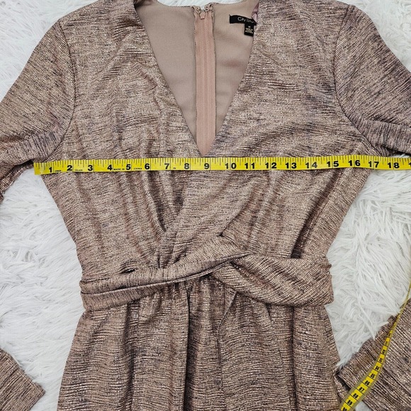 City Studio Metallic Gold Long Sleeve Tie Waist Vneck Mini Dress Juniors Size 11 - Picture 11 of 14